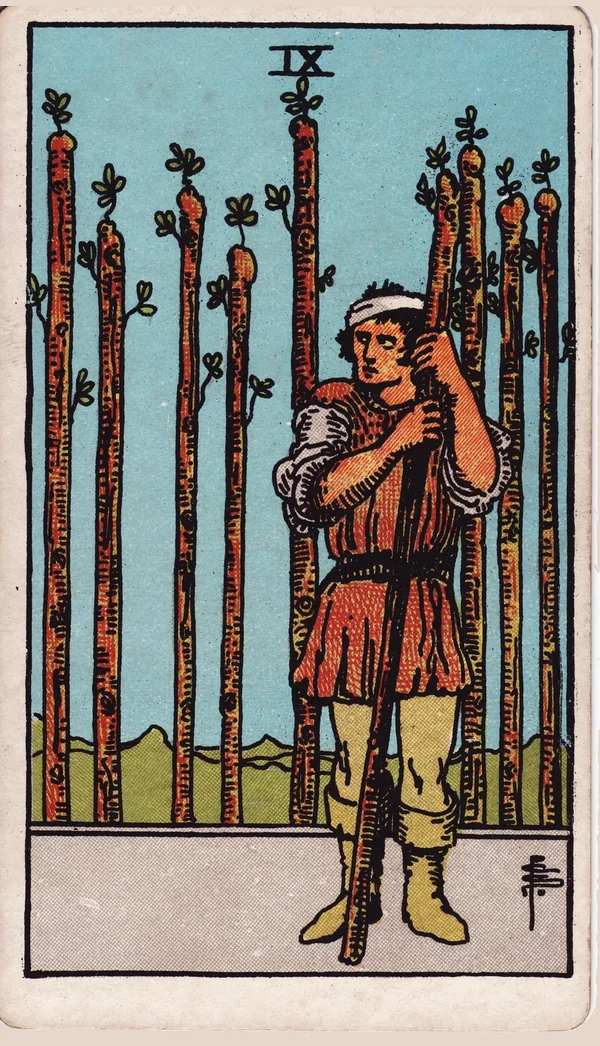 완드 9 (Nine of Wands) 타로 카드 이미지