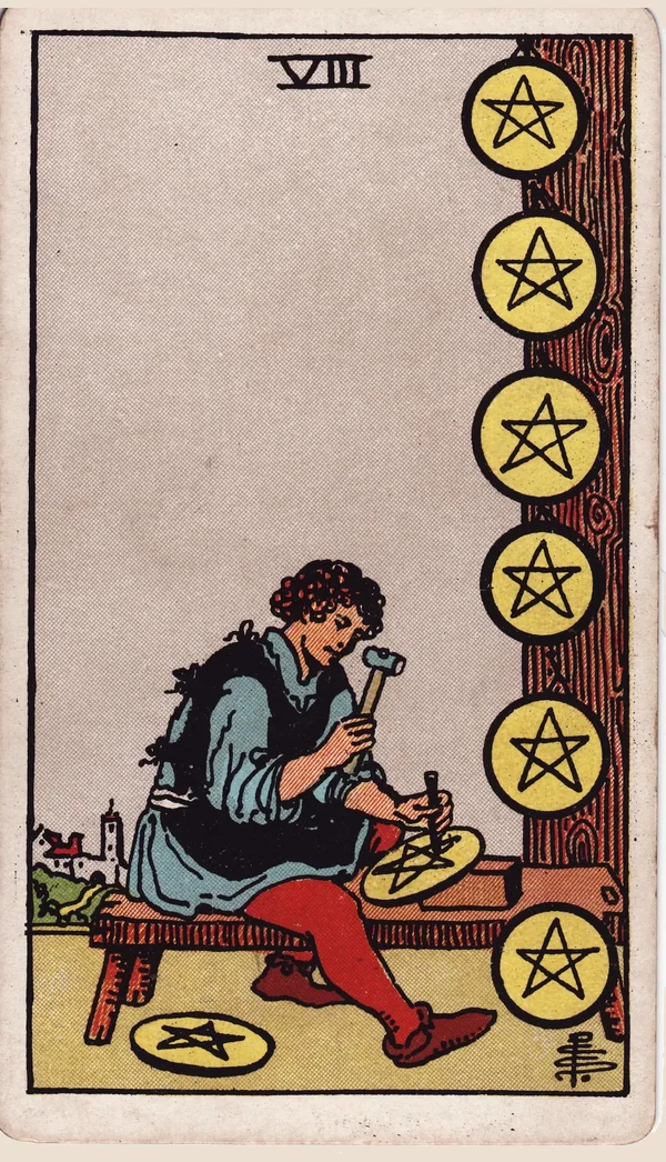 펜타클 8 (Eight of Pentacles) 타로 카드 이미지